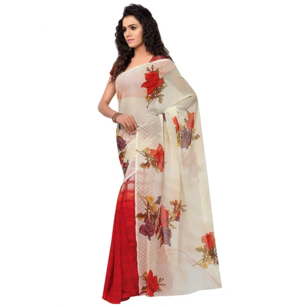 Printed Faux Georgette Red Color Saree - Image 3