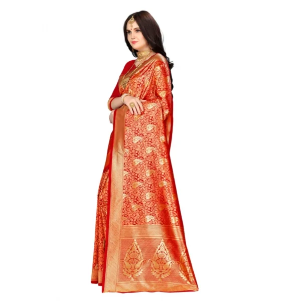 Generic Women's Banarasi silk Saree with Blouse (Red, 5-6mtr) - Image 3