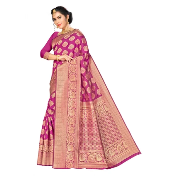 Generic Women's Banarasi silk Saree with Blouse (Wine, 5-6mtr) - Image 3