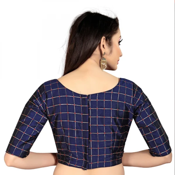 Generic Women's Brocade, Inner-Cotton Full Stitched Padded Blouse (Navy Blue ) - Image 5