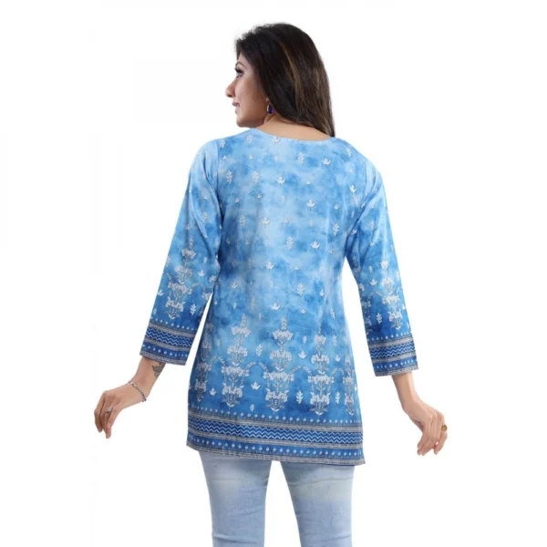 Generic Women's Quarter Sleeve Faux Crepe Printed Short Kurti Tunic Top (Color:Sky Blue) - Image 2