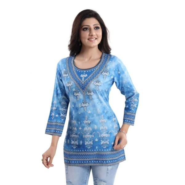 Generic Women's Quarter Sleeve Faux Crepe Printed Short Kurti Tunic Top (Color:Sky Blue) - Image 6