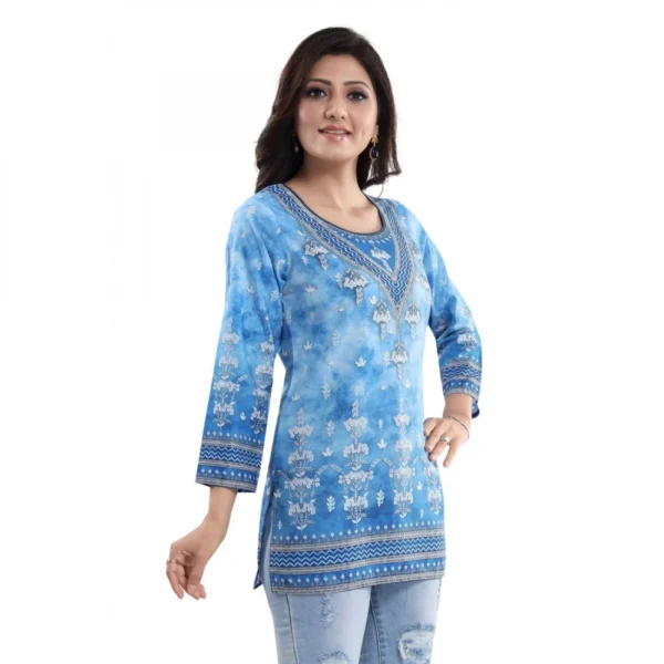 Generic Women's Quarter Sleeve Faux Crepe Printed Short Kurti Tunic Top (Color:Sky Blue) - Image 4