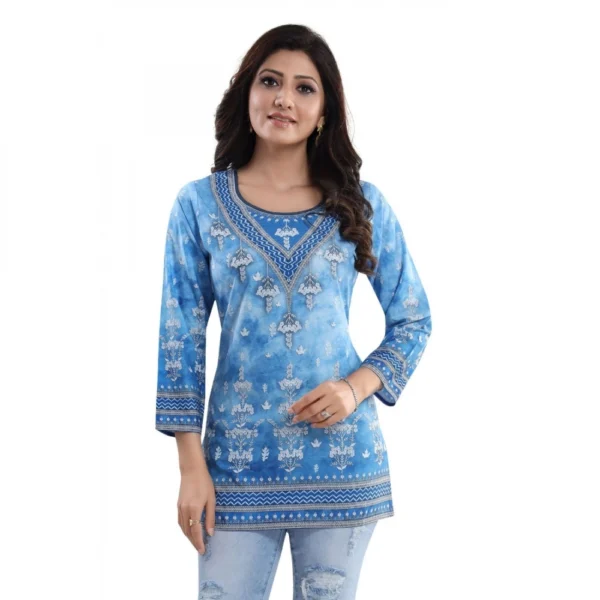 Generic Women's Quarter Sleeve Faux Crepe Printed Short Kurti Tunic Top (Color:Sky Blue) - Image 3