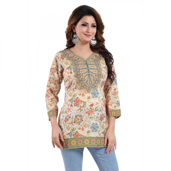 Generic Women's Quarter Sleeve Faux Crepe Printed Short Kurti Tunic Top (Color:Multicolor) - Image 3