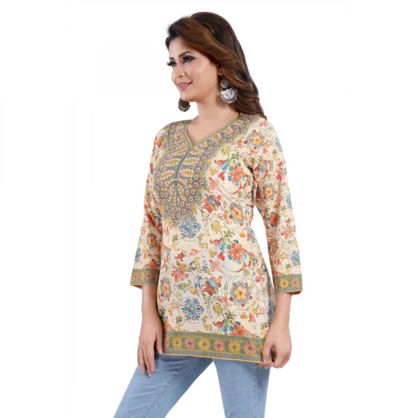 Generic Women's Quarter Sleeve Faux Crepe Printed Short Kurti Tunic Top (Color:Multicolor) - Image 4