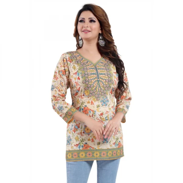 Generic Women's Quarter Sleeve Faux Crepe Printed Short Kurti Tunic Top (Color:Multicolor) - Image 6