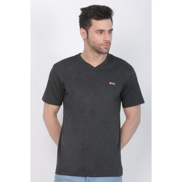 Generic Men's Cotton Jersey V Neck Plain Tshirt (Charcoal Melange) - Image 3