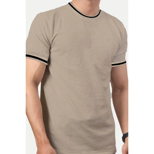 Generic Men's Casual Half sleeve Solid Polyester Crew Neck T-shirt (Beige) - Image 3