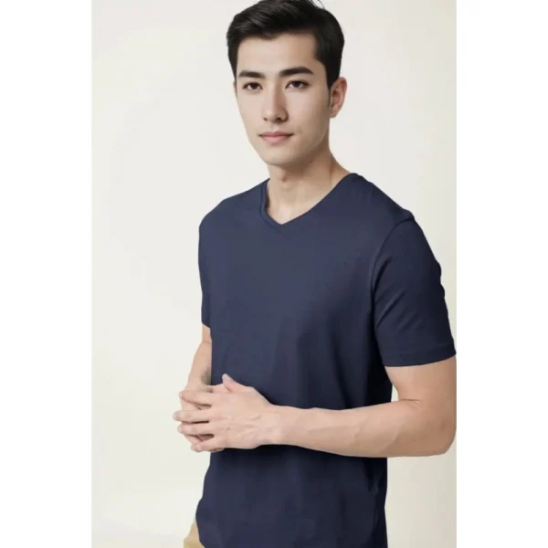 Generic Men's Casual Half sleeve Solid Cotton V Neck T-shirt (Navy) - Image 7