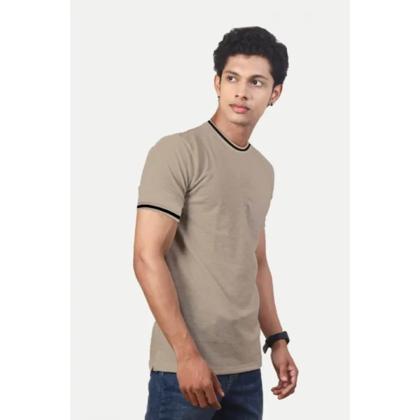 Generic Men's Casual Half sleeve Solid Polyester Crew Neck T-shirt (Beige) - Image 5