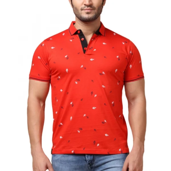 Generic Men's Casual Cotton Printed Polo Neck Half Sleeve T-Shirt (Red)