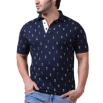 Generic Men’s Casual Cotton Printed Polo Neck Half Sleeve T-Shirt (Navy)