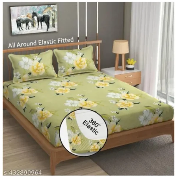 Generic Cotton Blended Floral Printed King Size Elastic Fitted Bedsheet with 2 Pillow Covers (Green, 120x190Inch)