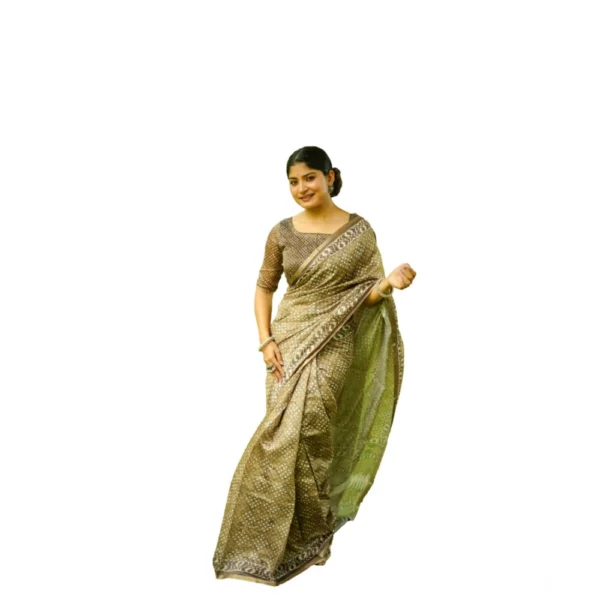 Generic Women's Cotton Printed Saree With Unstitched Blouse (Green, 5.5 Mtr)