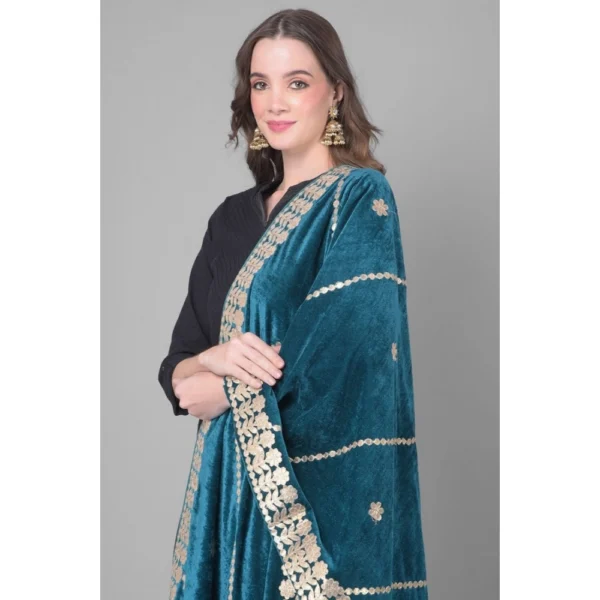 Generic Women's Velvet Gotta Patti Dupatta (Teal, Length: 2.25 to 2.50 Mtr) - Image 2