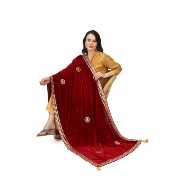 Generic Women's Velvet Gotta Patti Dupatta (Maroon, Length: 2.25 to 2.50 Mtr) - Image 2