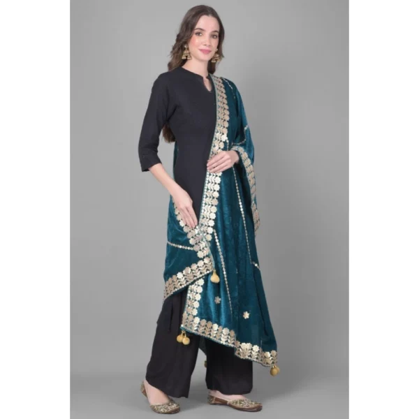 Generic Women's Velvet Gotta Patti Dupatta (Teal, Length: 2.25 to 2.50 Mtr) - Image 3