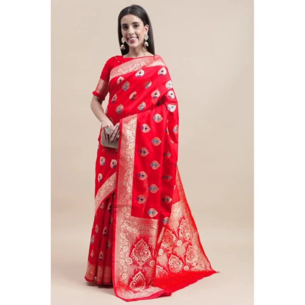 Generic Women's Kanjivaram Silk Designer Weaving Saree With Unstitched Blouse (Red, 5.50 Mtrs) - Image 4