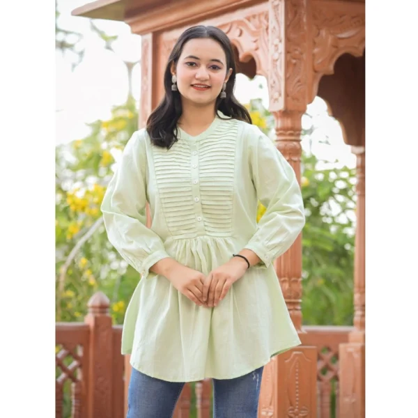 Generic Women's Cotton Solid Full Sleeve Band collar Tunic (Green) - Image 7