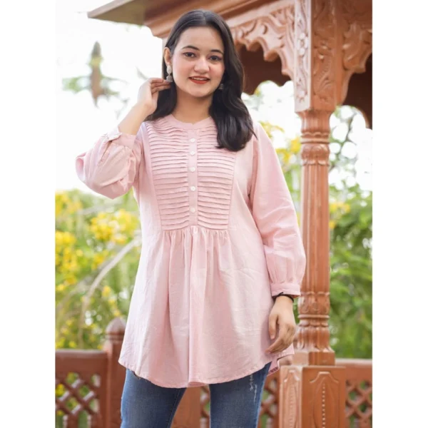 Generic Women's Cotton Solid Full Sleeve Band collar Tunic (Peach) - Image 5