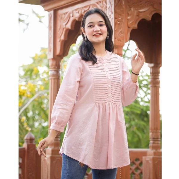 Generic Women's Cotton Solid Full Sleeve Band collar Tunic (Peach) - Image 2