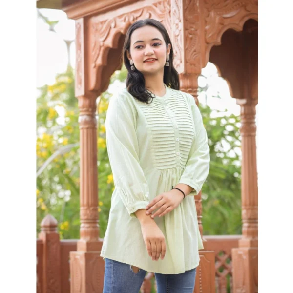 Generic Women's Cotton Solid Full Sleeve Band collar Tunic (Green) - Image 3