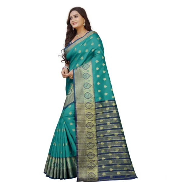 Generic Women's Silk Blend Woven Saree With Unstitched Blouse 5.5Mtr (Dark Blue-Green) - Image 2