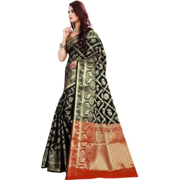 Generic Women's Jacquard Woven Saree With Unstitched Blouse 5.5Mtr (Black) - Image 3