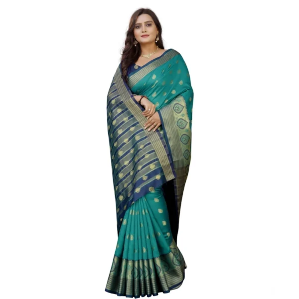 Generic Women's Silk Blend Woven Saree With Unstitched Blouse 5.5Mtr (Dark Blue-Green) - Image 3