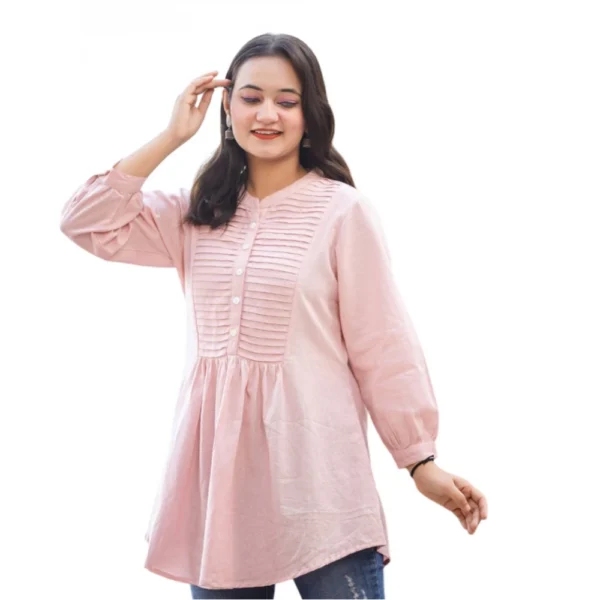 Generic Women's Cotton Solid Full Sleeve Band collar Tunic (Peach)