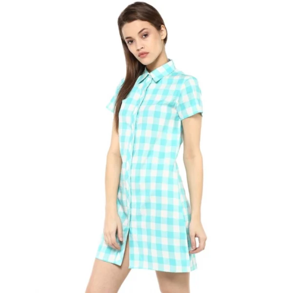 Generic Women's Rayon Checkered Short Sleeve Above Knee Dress (SkuBlue - White) - Image 3