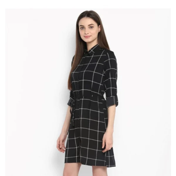 Generic Women's Polyester Checkered Roll Up Sleeve Above Knee Dress (Black - White) - Image 3