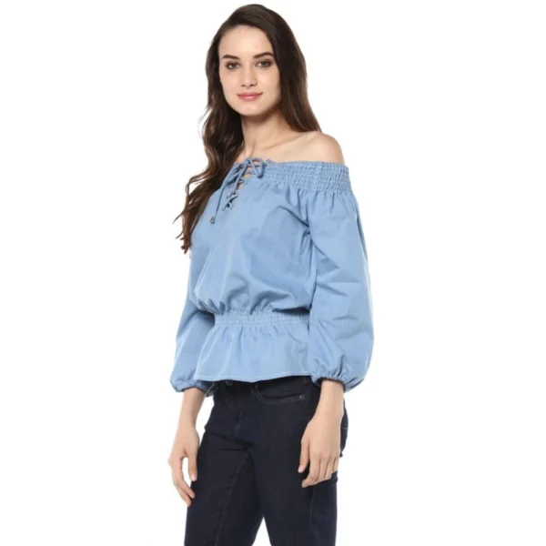 Generic Women's Denim Solid 3-4th Sleeves Regular Top (Blue) - Image 3