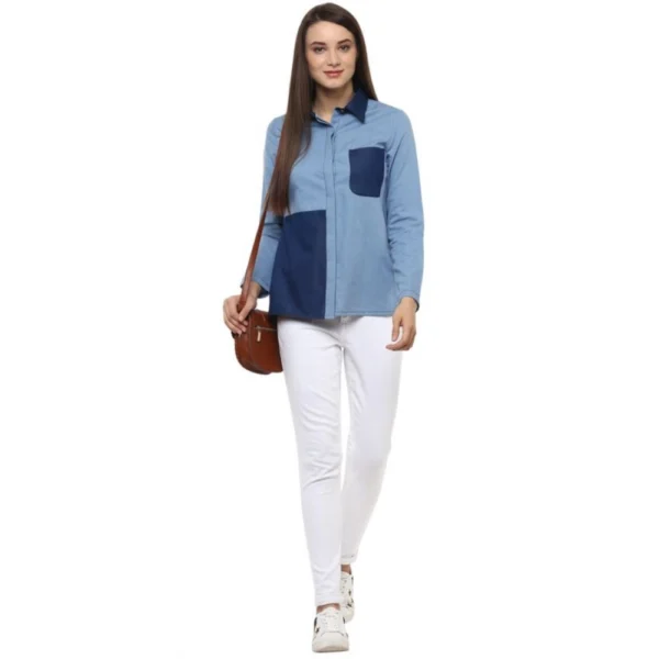 Generic Women's Denim Patch Work Long Sleeves Regular Top (Blue) - Image 5