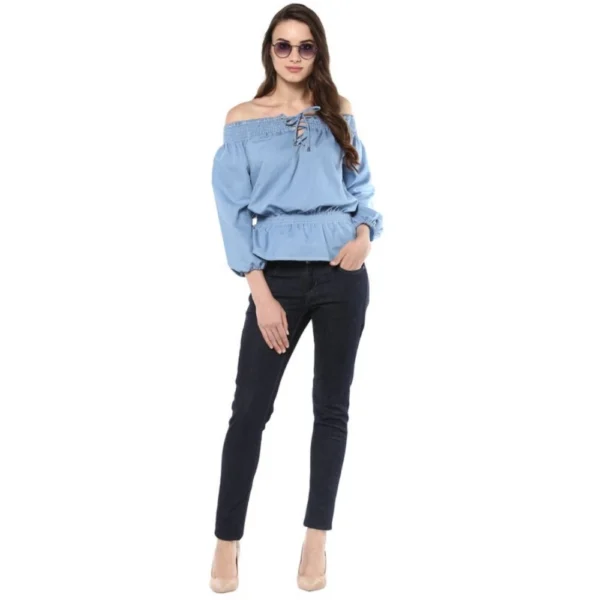 Generic Women's Denim Solid 3-4th Sleeves Regular Top (Blue) - Image 6