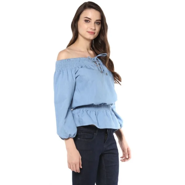 Generic Women's Denim Solid 3-4th Sleeves Regular Top (Blue) - Image 4