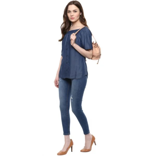 Generic Women's Denim Solid Short Sleeve Regular Top (Blue) - Image 6