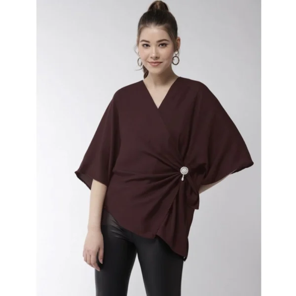 Generic Women's Polyester Solid Cape Sleeve Top (Maroon) - Image 2