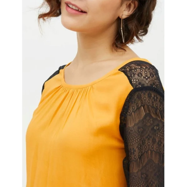 Generic Women's Rayon Lace Inserts Long Sleeves Top (Yellow) - Image 2