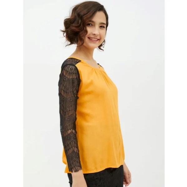 Generic Women's Rayon Lace Inserts Long Sleeves Top (Yellow) - Image 4