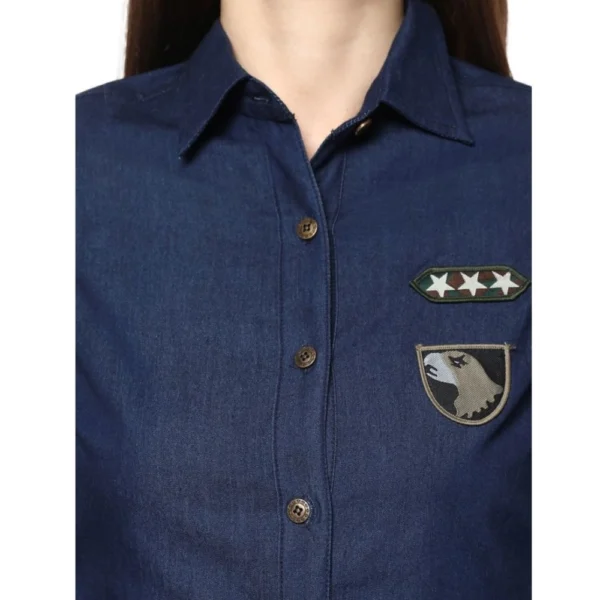 Generic Women's Denim Patch Work Long Sleeves Standard Length Shirt (Blue) - Image 2