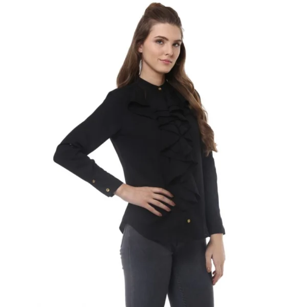 Generic Women's Polyester Ruffled Long Sleeves Top (Black) - Image 4