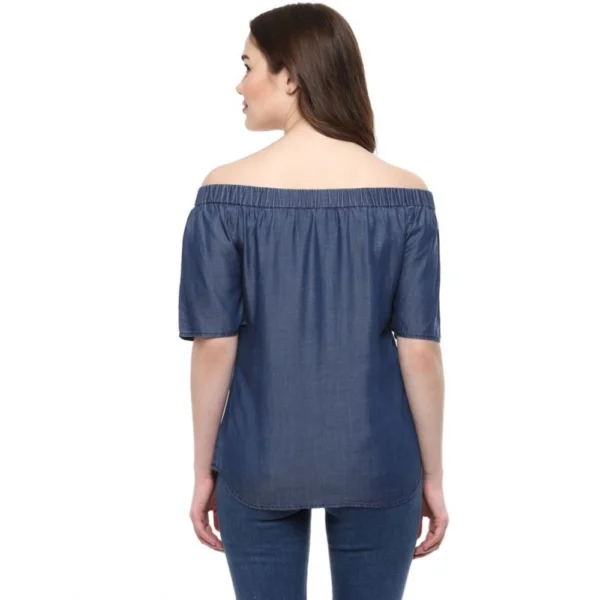 Generic Women's Denim Solid Short Sleeve Regular Top (Blue) - Image 5