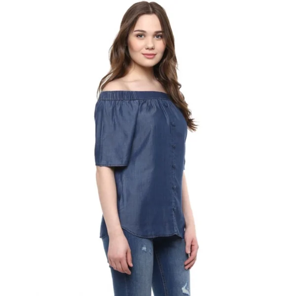 Generic Women's Denim Solid Short Sleeve Regular Top (Blue) - Image 3