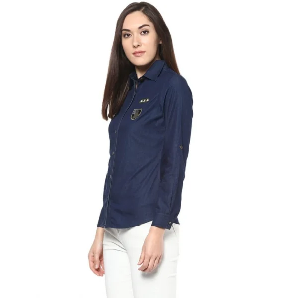 Generic Women's Denim Patch Work Long Sleeves Standard Length Shirt (Blue) - Image 3