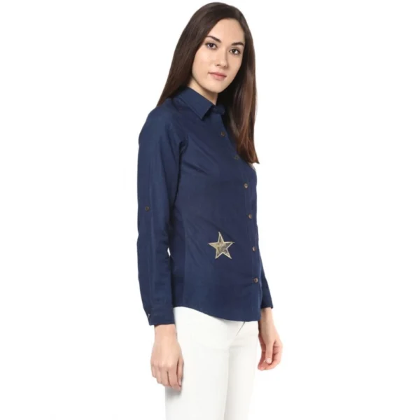 Generic Women's Denim Patch Work Long Sleeves Standard Length Shirt (Blue) - Image 4