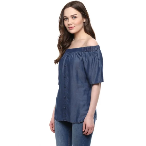 Generic Women's Denim Solid Short Sleeve Regular Top (Blue) - Image 2