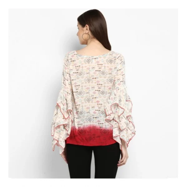 Generic Women's Rayon Crepe Printed Ruffle Sleeve Top (Off White - Red) - Image 7