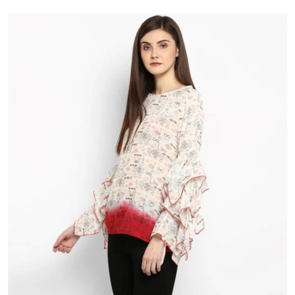 Generic Women's Rayon Crepe Printed Ruffle Sleeve Top (Off White - Red) - Image 3